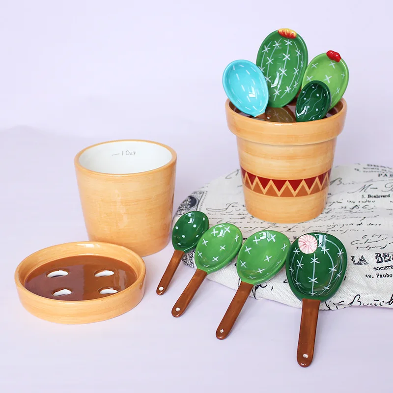 

Cactus Ceramic Measuring Spoon Baking Scale Measuring Spoon Home Kitchen Ceramic Salt Sugar with Base Creative