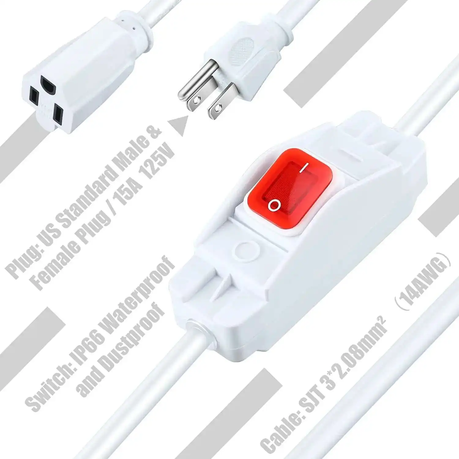 US Standard IP66 Electric Extension Cord NEMA5-15P Plug With Waterproof Switch 5-15R SF52 Socket Connector Consumer Wire15a 45CM