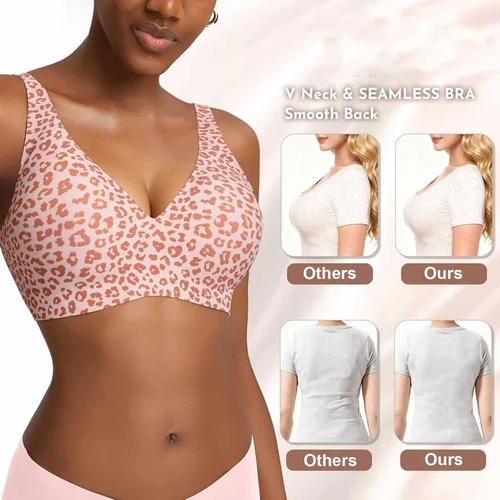 Imagen 2 del producto Sujetador de mujer con estampado de leopardo rosa, sin costuras, sin aros, copa completa, soporte suave, transpirable y con escote en V profundo.