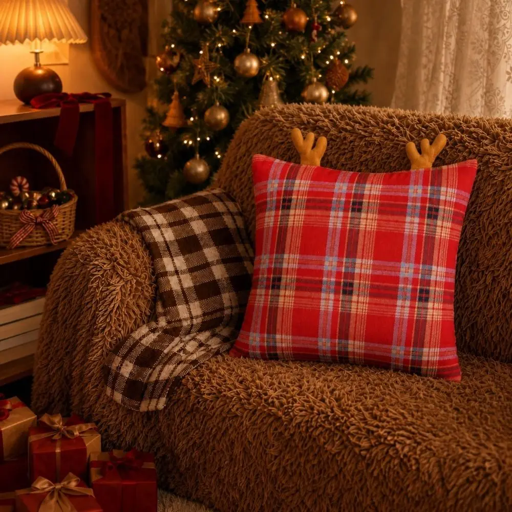 Holiday Decor Plaid Christmas Pillow Cover Festive Antlers Cushion Pillowslip Exquisite Soft Sofa Pillowcase Bedroom