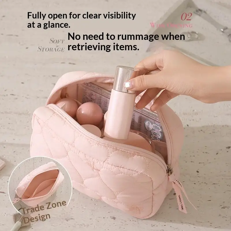 Soft Puffy Heart Quilted Cosmetic Bag Large Capacity Durable Zipper For Daily Travel Skincare Makeup Storage〔Funny〕〔Funny〕