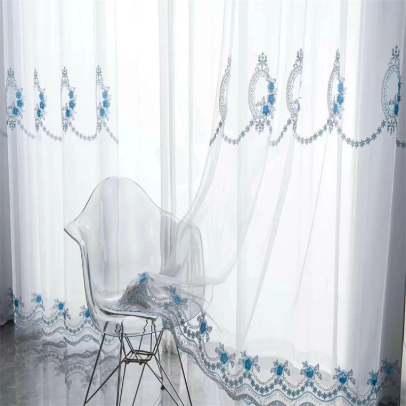 

New modern minimalist embroidered curtain gauze with gauze living room bedroom study white embroidery bay window screen