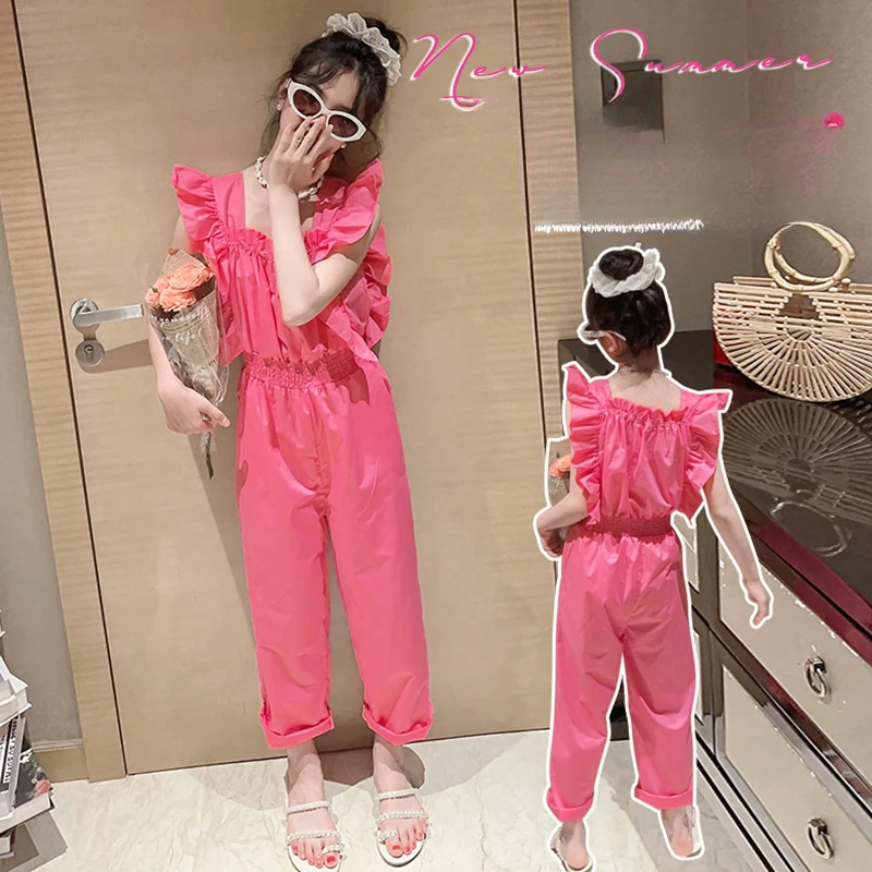 

Girls Suits Sweet Sleeveless Suspender Rompers 2024 New Korean Version Fashionable Foreign Straight Leg Loose Wide-leg Pants