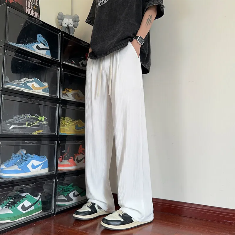 Summer Thin Casual Pants Men Fashion Purple Ice Silk Pants Men Streetwear Loose White Pleated Pants Mens Black Trousers