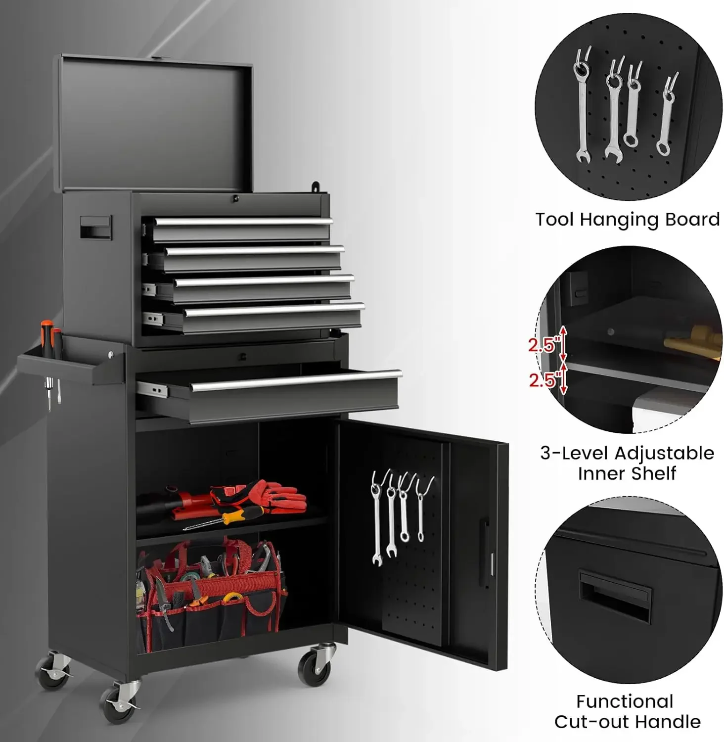 5-Drawer Rolling Tool Chest, Tool Storage Box, Removable Tool Cabinet, Sliding Metal Organizer w/Lockable Drawers Classic Black