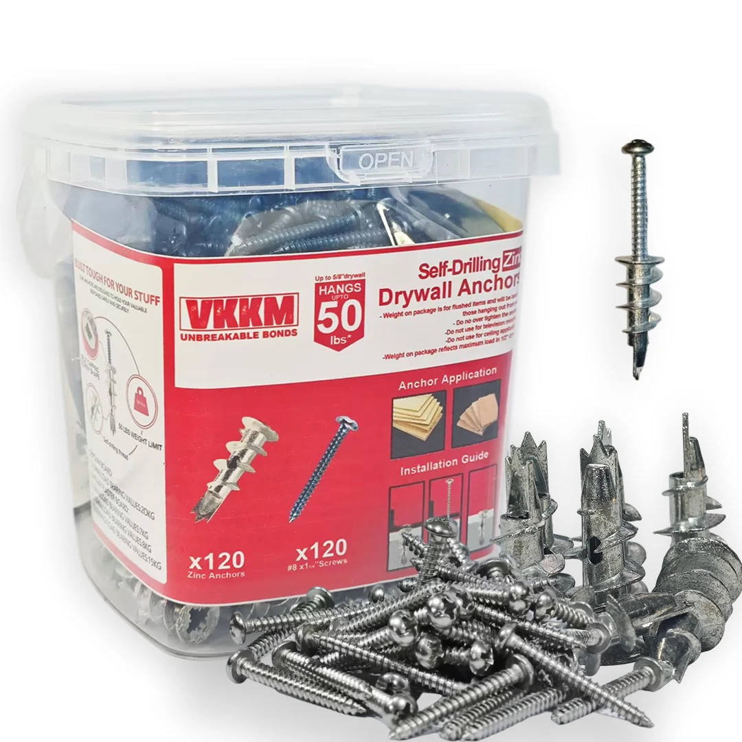 VKKM Self-Drilling Zinc Drywall Anchors with Screws 10-120 Piece Set, Holds Up to 50 lbs, Ideal for Strong Mounting in Drywall