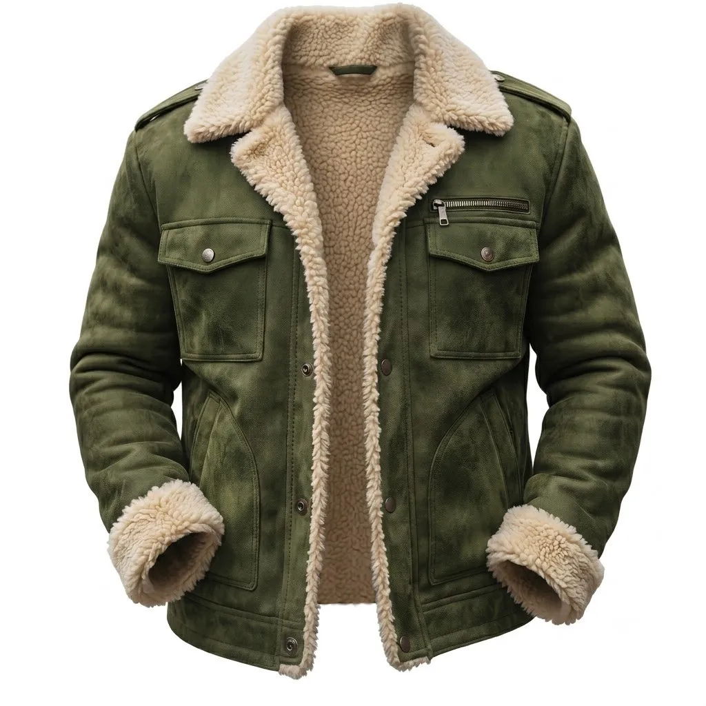 Winter Fleece Jacket Men Retro Turn Down Collar Warm Outwear Coat Male Solid Suede Fabric Multi Pocket Jacket Thick Vintage Tops