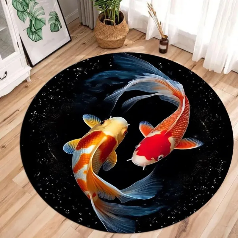 Koi Carp Round Carpet Samurai Ninja Pattern Yin Yang Design Floor Area Rug Modern Daily Home Decor Mat for Living Room Bedroom