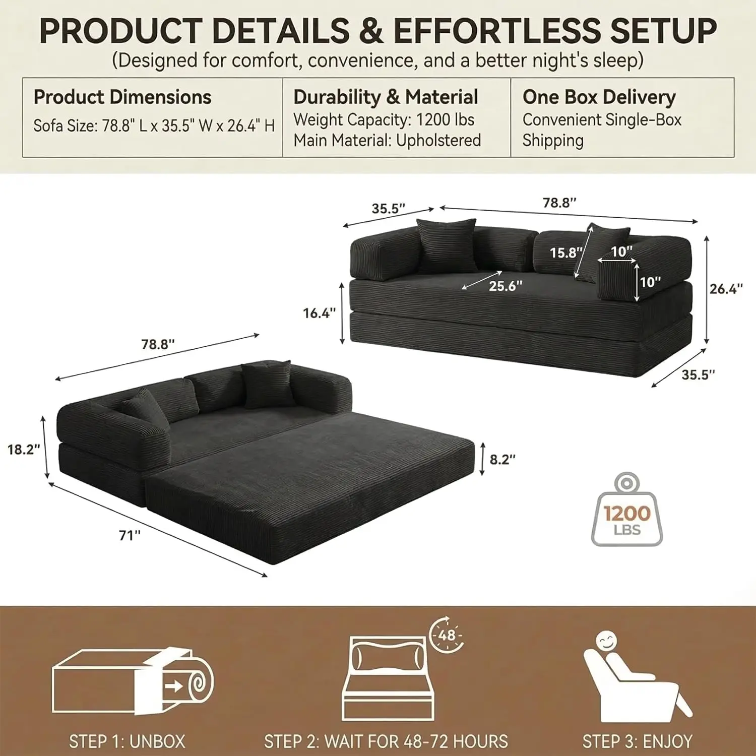 Boneless Corduroy 4-in-1 Convertible Sofa Bed Fixed-Shape Frame Pull Out Sleeper Couch No Assembly Multi-Functional Furniture