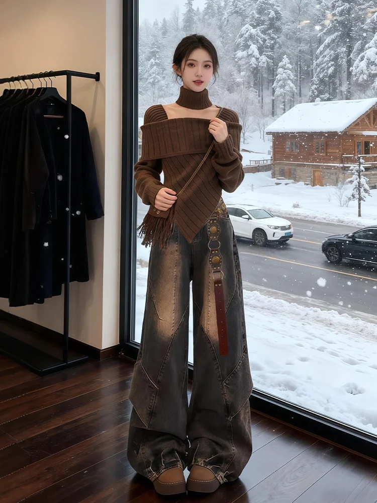

Korean Style Knitted Top And Wide Leg Jeans Set Square Collar Winter Fashion Women's Ensemble High Waist Warm Mid-Thick Coat