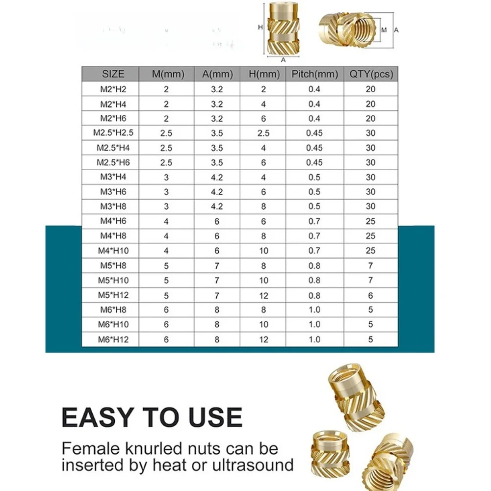 415PCS Brass Knurled Threaded Inserts M2 M2.5 M5 For m6 for Plastic Housing Repairs CNC Prototyping and Making
