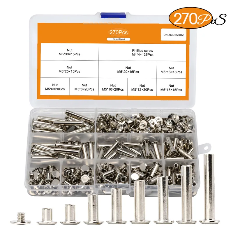 270PCS nickel plated rivet set ledger stud butt lock screw stud box