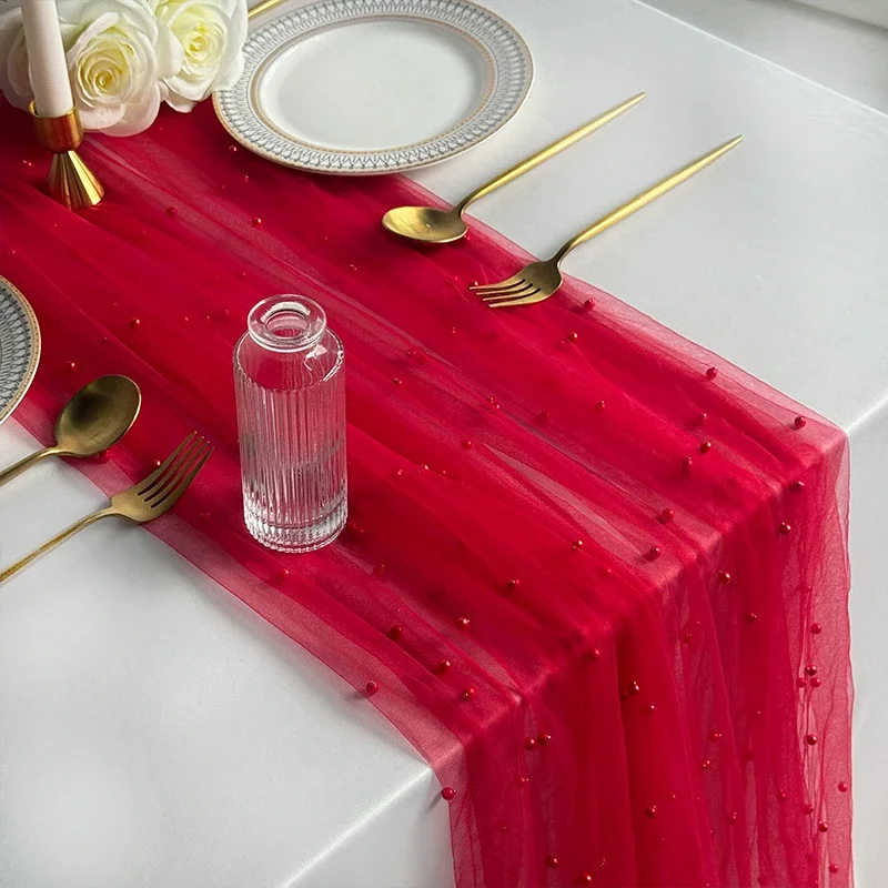 Pearl Table Runner 29x120Inch Wedding Red Christmas Green Halloween Black Orange Tablecloth Party Tulle Dessert Table Decor