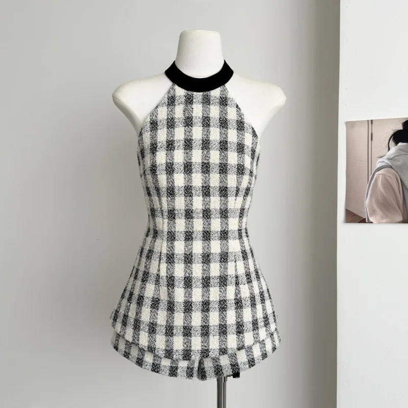 

Hotsweet Sexy 2 Piece Sets Women Outfit 2025 Summer Fashion Vintage Plaid Hanging Neck Top Shorts Two Piece Set Female Clothing