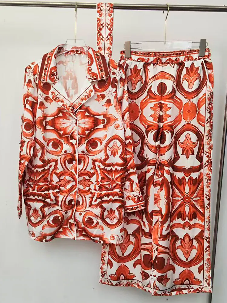 Conjunto De Mujer De Dos Piezas Con Estampado De Moda De Primavera: Camisa De Manga Larga Con Cuello De Un Solo Botón Y Cordones En La Cintura + Pantalones De Pierna Ancha De Cintura Alta — -50%, 52.69€ Coupon, from 52.69€ – 50% descuento – €52.69