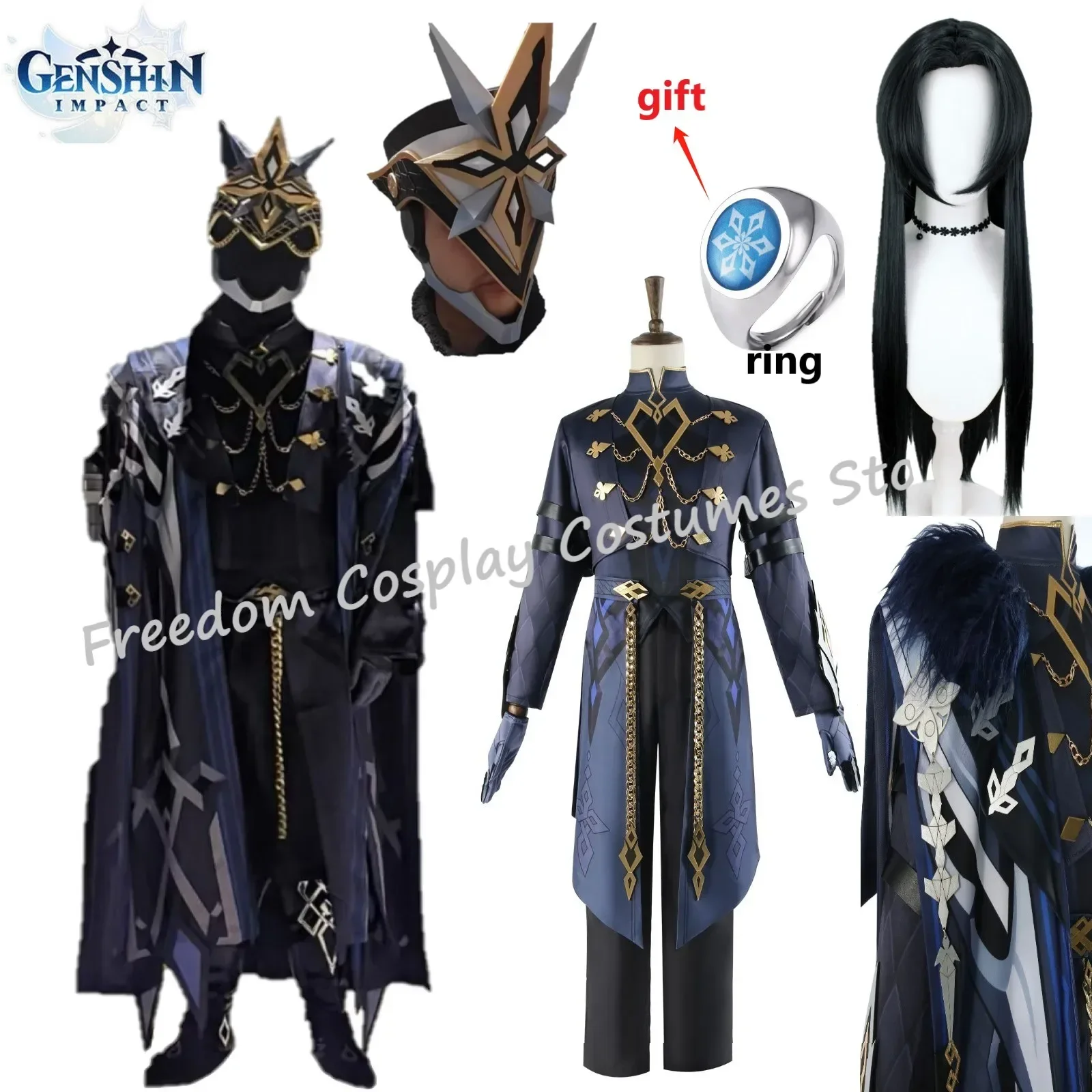 

The Captain Cosplay Costume Il Capitano Wig Outfit Game Genshin Impact Anime Fatui Mask Style Halloween Party Roleplay Suit