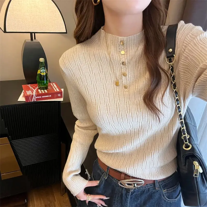 Ladies Mock Neck Fashion Bright Silk Sweater Women Autumn Winter Temperament Solid Color Knitwear Casual All-match Knitting Tops