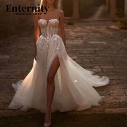 Customized A Line Sweetheart Wedding Dress High Split Zipper Charming Lace Applique Sleeveless Bridal Gown  Vestidos De Novia