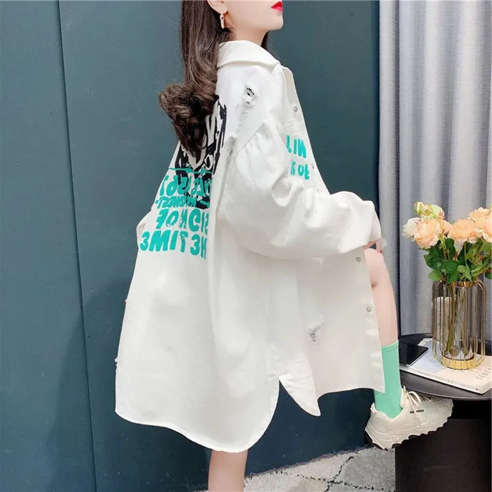 Autumn Denim Shirt Jacket Women Retro Korean Loose Letter Print Long Irregular Bottom Hole Blouses Female Casual Long Shirt Coat