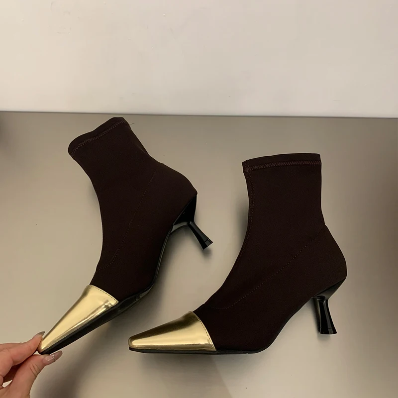 Elegant Almond Toe Ankle Boots Woman Fashion High Heel Mix Color Elastic Booties Ladies Autumn Party Evening Stiletto Pump Shoes