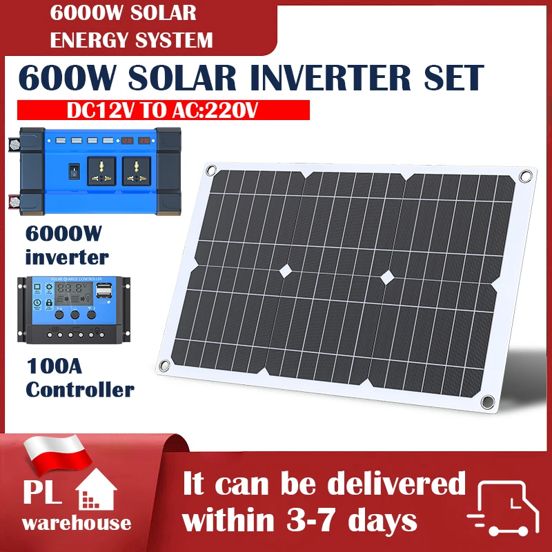 600W Solarpanel-Kit mit 6000W Wechselrichter & 100A Solarladeregler, DC zu AC 220V Off-Grid-Solarstromsystem für Wohnmobile, Zuhause, Camping, Boote