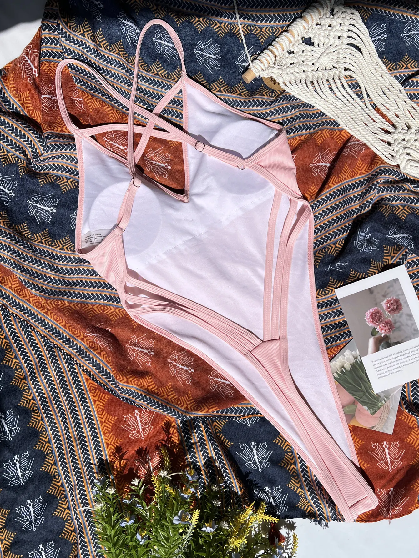sexy pink backless swimsuit one piece ribbed hollow deep v-neck bikini swimwear bodysuits women biquini bathing suits tankini