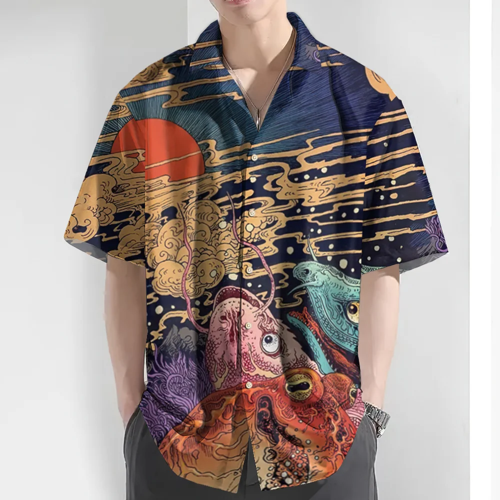 Camicia da uomo retrò Ukiyo-E stampa camicie hawaiane per uomo camicia a maniche corte Casual estiva abbigliamento da uomo di strada camicie oversize Top