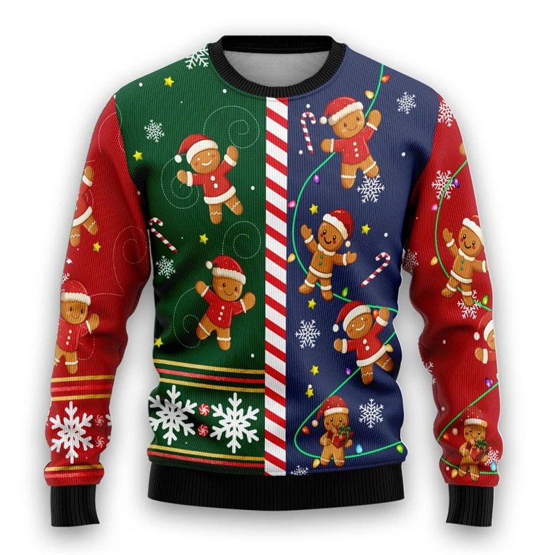 

3D Print Gingerbread Sweatshirts For Men Women New In Long Sleeve Crew Neck Xms Elk Pullover Sweatshirts Mens Christmas Hoodies