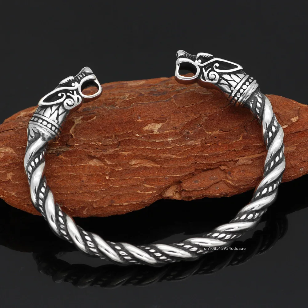 Norse Viking Wolf Head Bracelet Stainless Steel Opening Adjustable Wristband Cuff Snake Bangle for Men New Fashion Jewelry