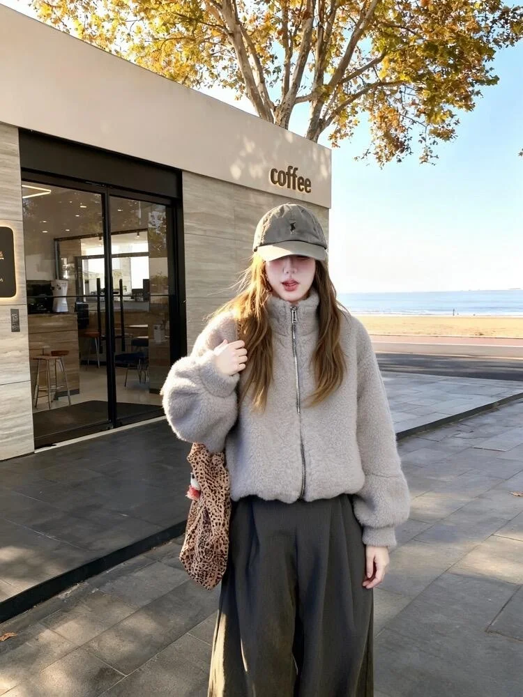 Loose Fit Lange Sve Stand Kraag Bont Jaet Dames Herfst Winter Warme Zachte Bovenkleding Koreaanse Sle Lazy Faion