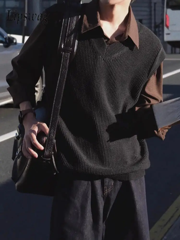 

Стильный вязаный жилет с v-образным вырезом, свитер для мужчин, осень-зима, повседневный однотонный джемпер без рукавов, мужской винтажный тонкий свитер, топы на бретелях