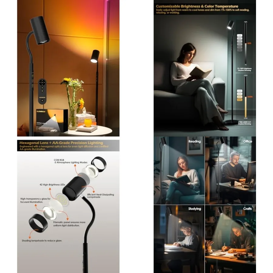 Floor with Remote, 17W LED Dimmable Standing Lamp, Stepless Brightness and Color Temps, Reading Light and Mood Light, Adjustabl