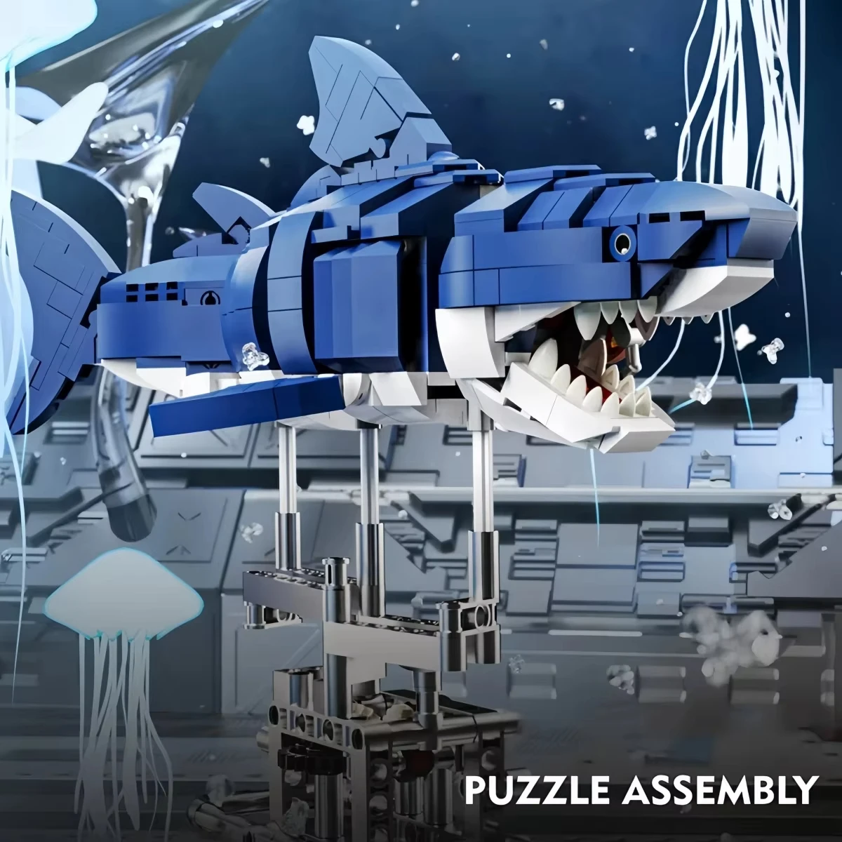 687PCS Mechanical Shark Building Blocks Sea Life Model With Display Stand And Lights Block Brick Toy Gift Set For Kids And Adult
