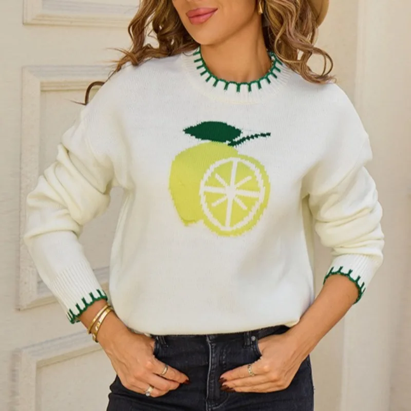 

Lemon Jacquard Casual Loose Knitted Pullover Sweater Autumn/Winter Women's Tops New Fashion O-neck Long Sleeve Sweaters Woman