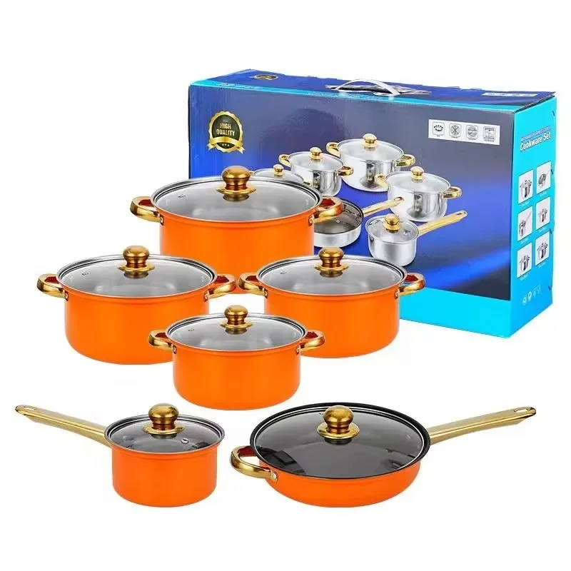 IStapromo Gifts 12-piece Stainless Steel Cookware Set with Gold-plated Handles (Pots, Soup Pans, Frying Pans)