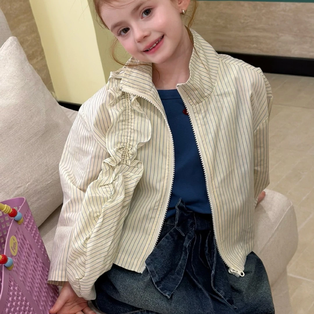 

Girls' Coat 2026 Spring and Summer New Children's Clothing Korean Style Girl Baby Striped Thin Cotton Shirt Includes Bag