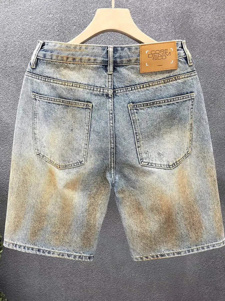 Calças Jeans Masculinas Estilo Deserto Americano Retrô, orts de Perna Reta, Desgastados, dos, com Furos, Denim, Casual,...