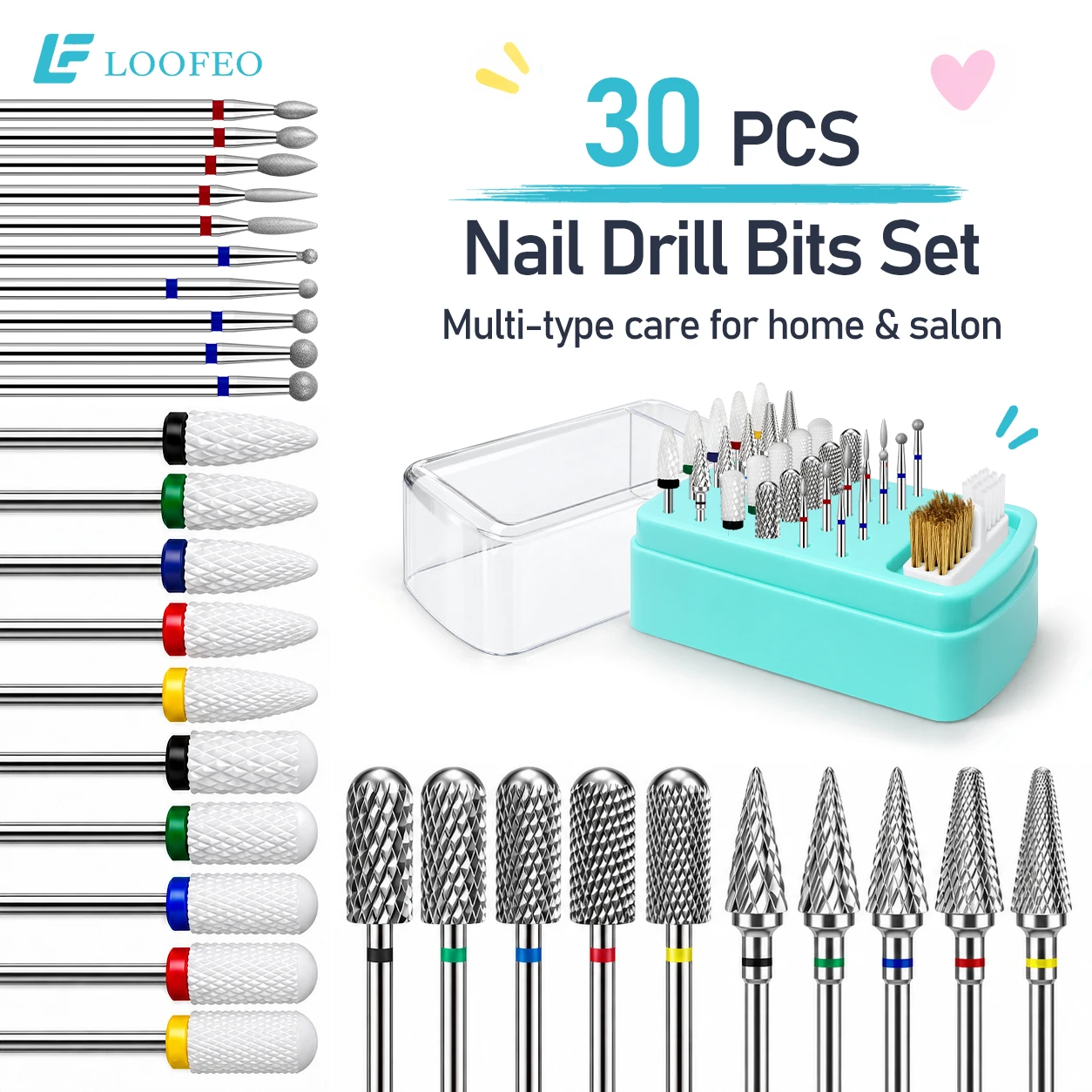 30Pcs Nail Drill Bits Set Ceramic Diamond Stainless Steel 3 Materials 6 Shapes With Storage Box For Manicure Gel Removal Tool