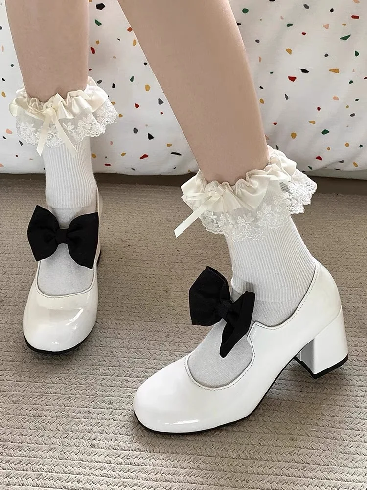 Sweet Round Toe Mary Janes Bow Detail Block Middle Heels Fashion Classic Women Dress Party Summer Casual Shoes 2024