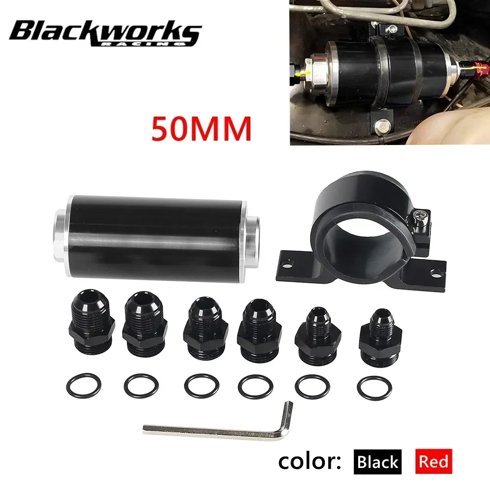 50mm Inline Fuel Filter 100 Micron with Aluminum Mounting Bracket & Wrench & 6AN 8AN 10AN Adapter Universal Cleanable Black/Red