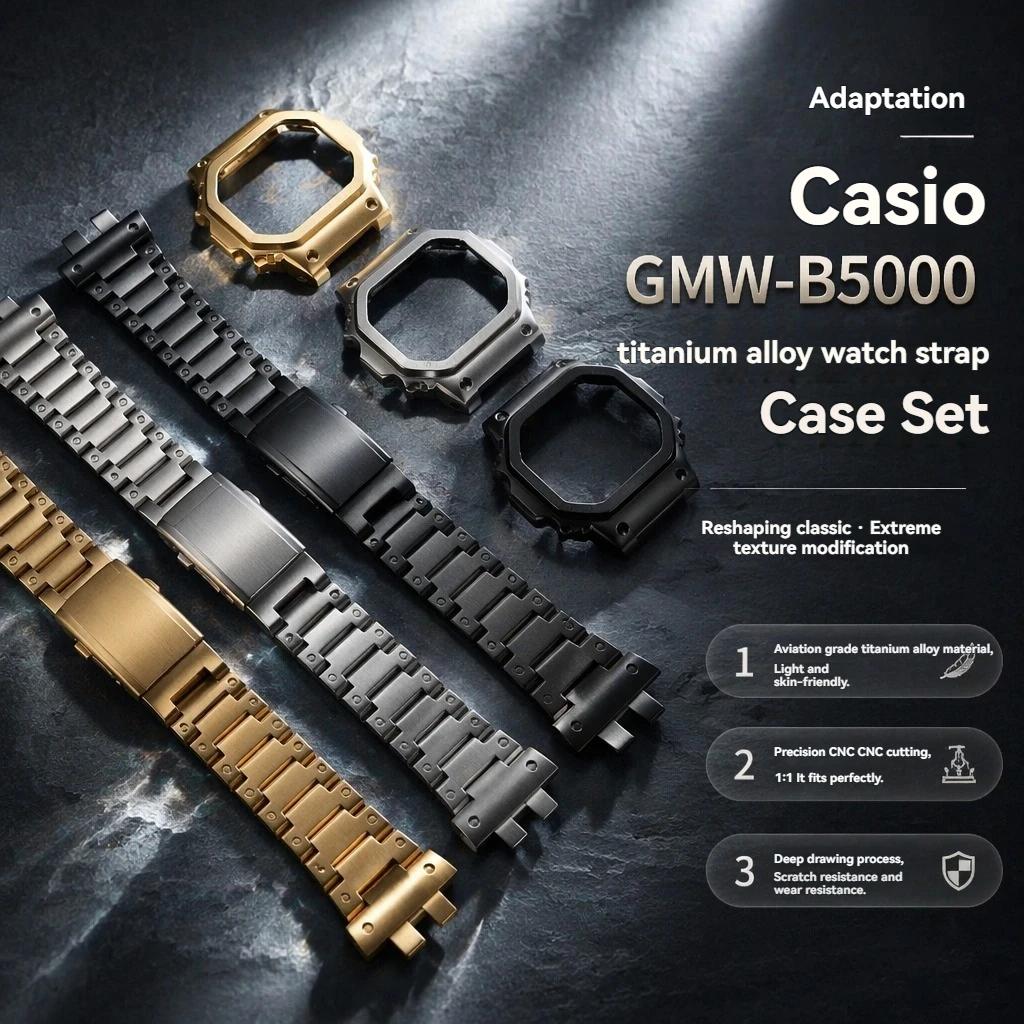 Premium Titanium Alloy Mod Kit for Casio G-SHOCK GMW-B5000 | Full Set: Case, Bezel, Watchband | Lightweight Retrofit + Install T