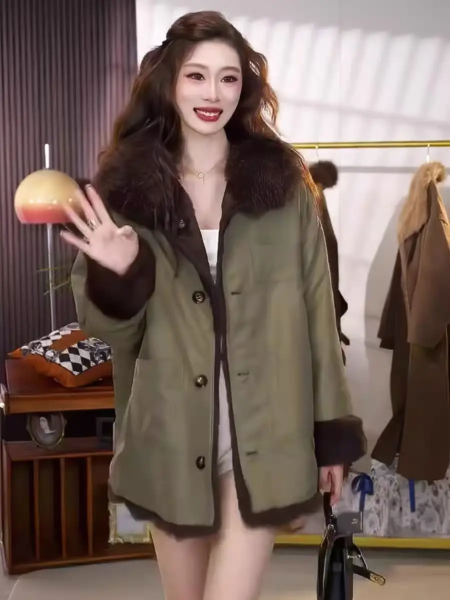 

Women's ort Parka Coat Double-Sided Fur Collar Winter Faionable All-Match Leather Fur Inteated Outerwear Youth Suitable