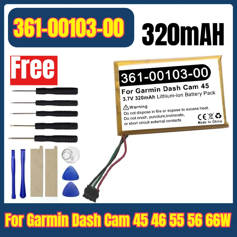 

Watches Batteries 361-00103-00 for Garmin Dash Cam 45 46 55 56 66W Driving Recorder New Li-Po Rechargeable Pack Batteries+Tool