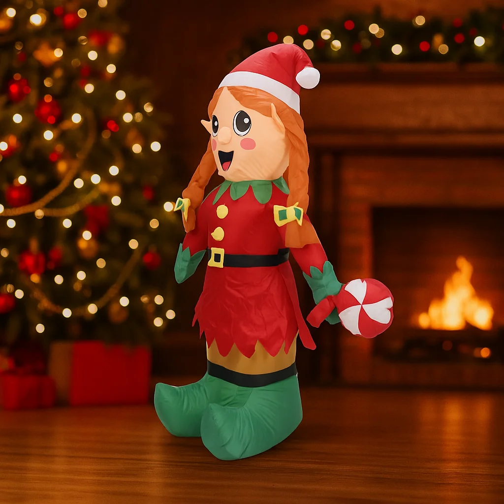 5.9FT نفخ لطيف قزم فتاة مع مصاصة LED مضاءة للمنزل وساحة عيد الميلاد زخرفة ، زينة عيد الميلاد وديكور الهدايا الاحتفالية