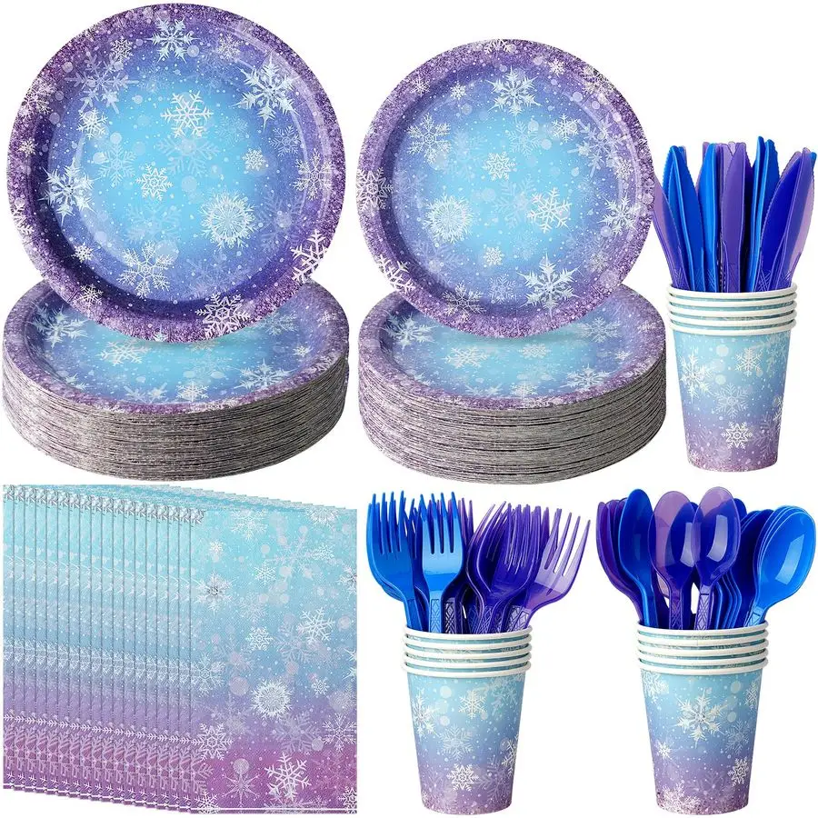 Juego de platos y servilletas de papel con forma de copo de nieve, vajilla desechable con diseño de copo de nieve azul y morado para Navidad y invierno