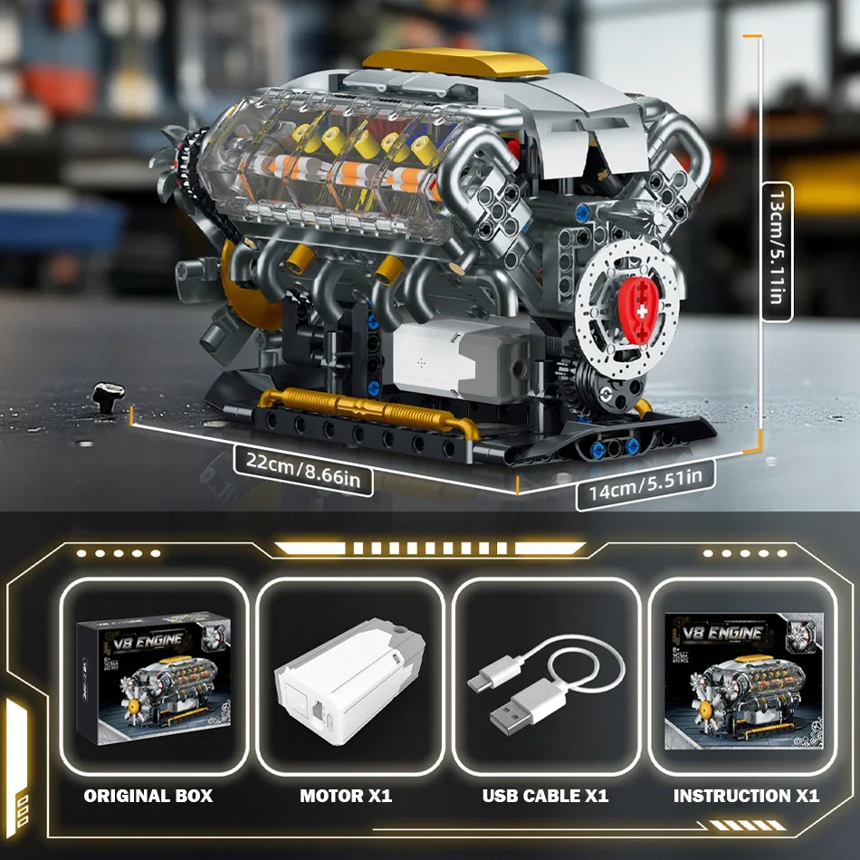 التقنية بمحركات V8 محرك نموذج الطوب لعب للطفل هدية 692 قطعة محرك السيارة الكهربائية مجموعة مكعبات بناء السيارة الخارقة #6