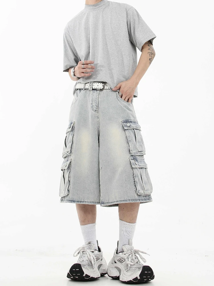 

Retro American Washed Light Blue Men's Jeans Shorts Summer Loose Multi-Pocket Wide Leg Workwear Seven-Foot Pants