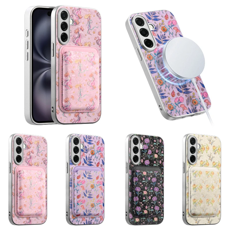 Magnetische 2-in-1 Karten-Aufbewahrungshülle für Samsung Galaxy S27 S26 S25 S24 Plus Ultra FE Edge PC-Rahmen Blumenmuster Niedliche Handyhülle