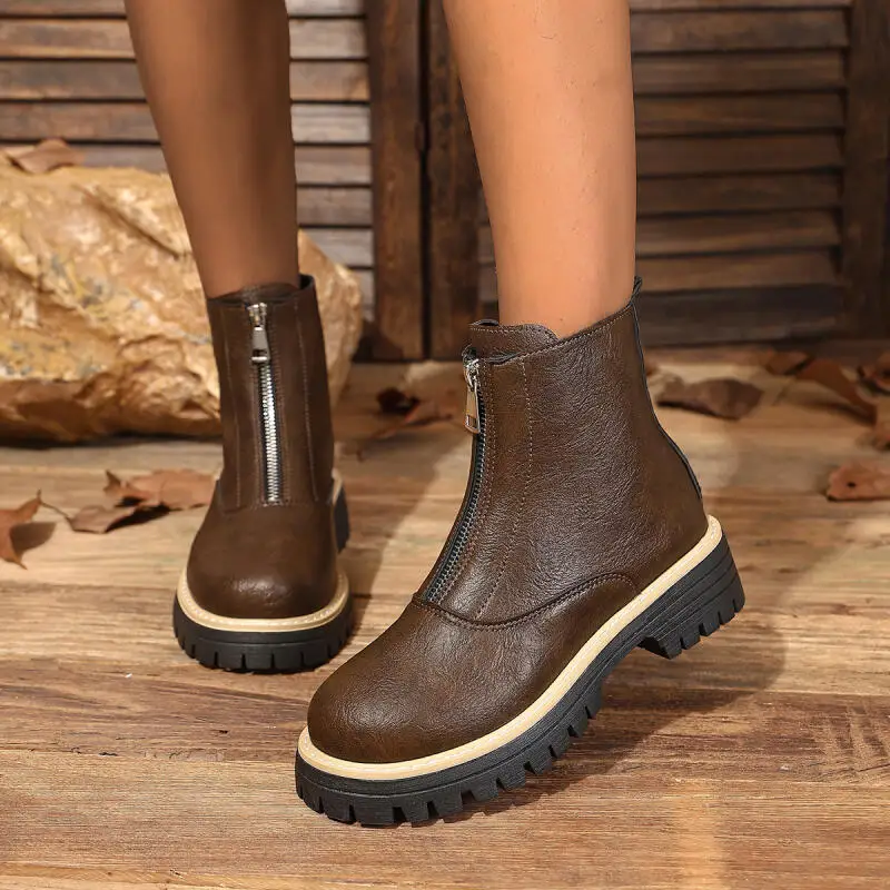 Luxury Metal Zip Decoration Pu Leather Ankle Boots Women 2025 Winter Vintage Thick Bottom Cowboy Boots Woman Short Booties Shoes