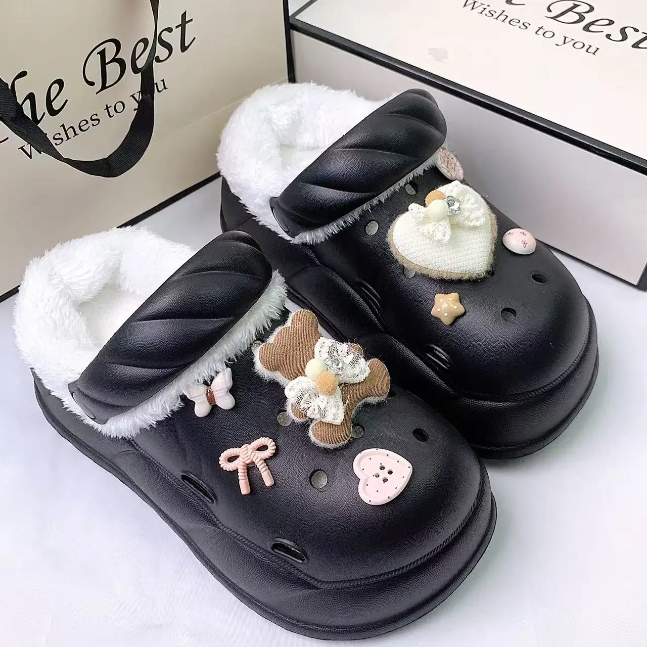Exquisite and Fashionable Autumn and Winter Furry Slippers for Women, Plush Clogs with Bear and Heart Design, Thick-Soled, Non-Slip, Elevated, Soft and Comfortable view 6